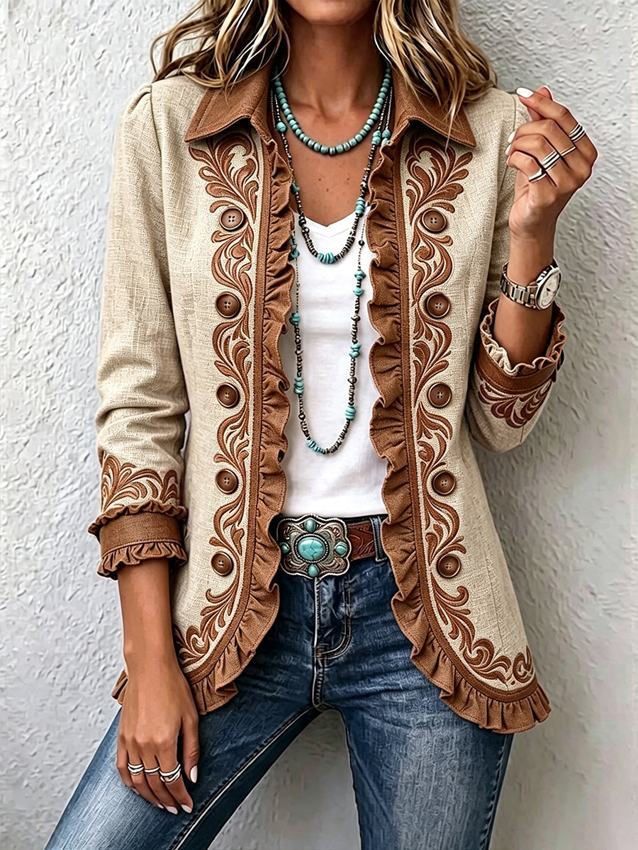 Tan and brown vintage floral embroidered ruffled open-front jacket for women