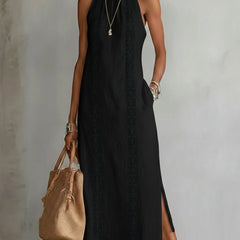 Jimena relaxed embroidered midi dress with mandarin collar and sleeveless cut