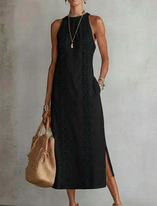 Jimena relaxed embroidered midi dress with mandarin collar and sleeveless cut