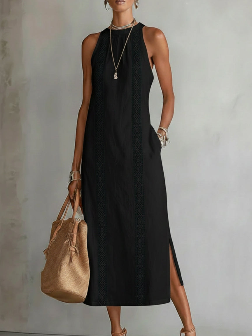 Jimena relaxed embroidered midi dress with mandarin collar and sleeveless cut
