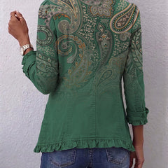 Green paisley print bohemian jacket with ruffle trim at placket, cuffs and hem