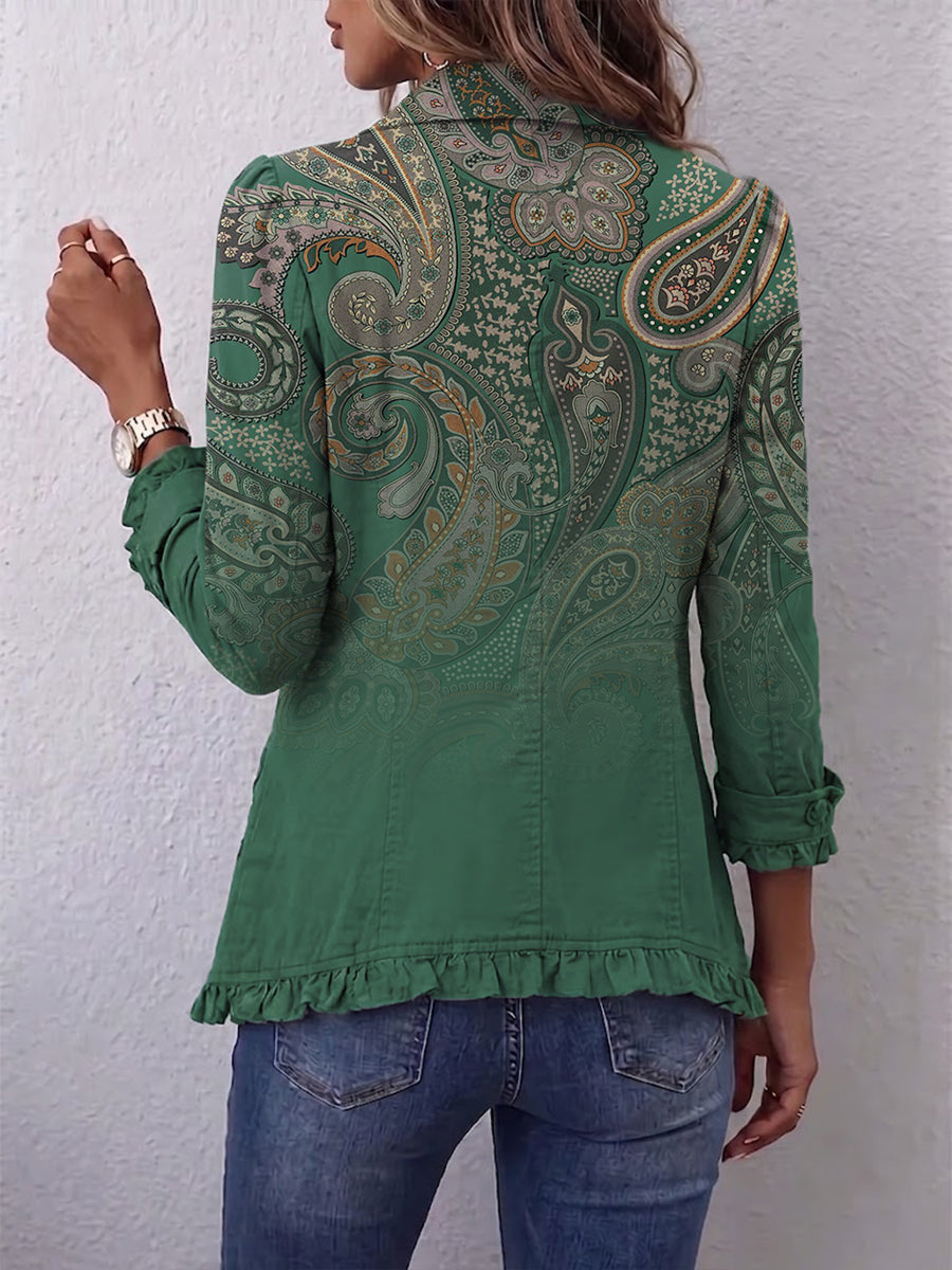 Green paisley print bohemian jacket with ruffle trim at placket, cuffs and hem