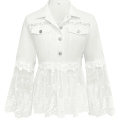 White lace-panel jacket with floral trim, sheer tulle hem and three-quarter flared sleeves