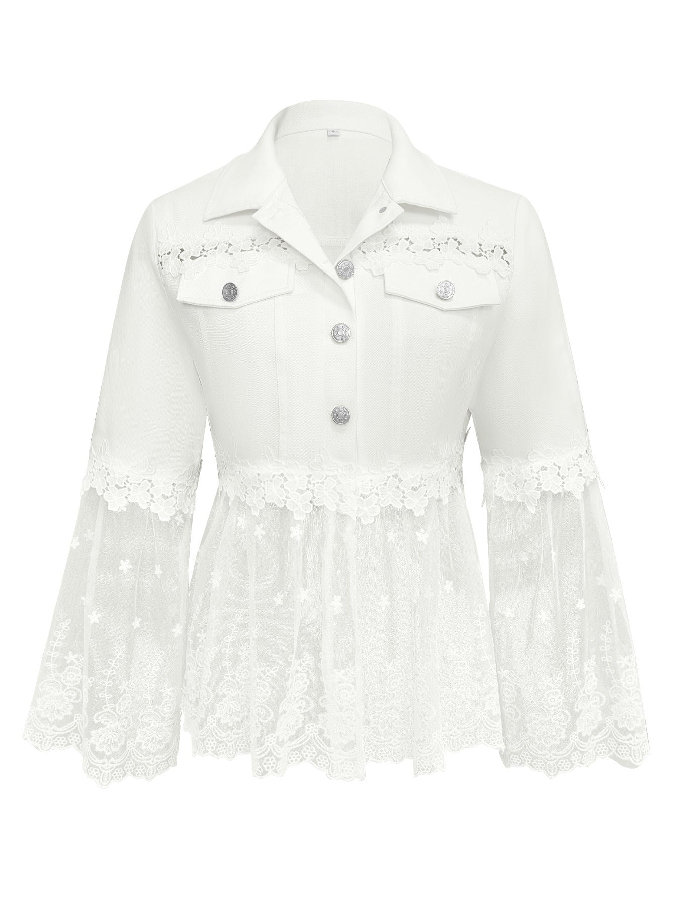 White lace-panel jacket with floral trim, sheer tulle hem and three-quarter flared sleeves
