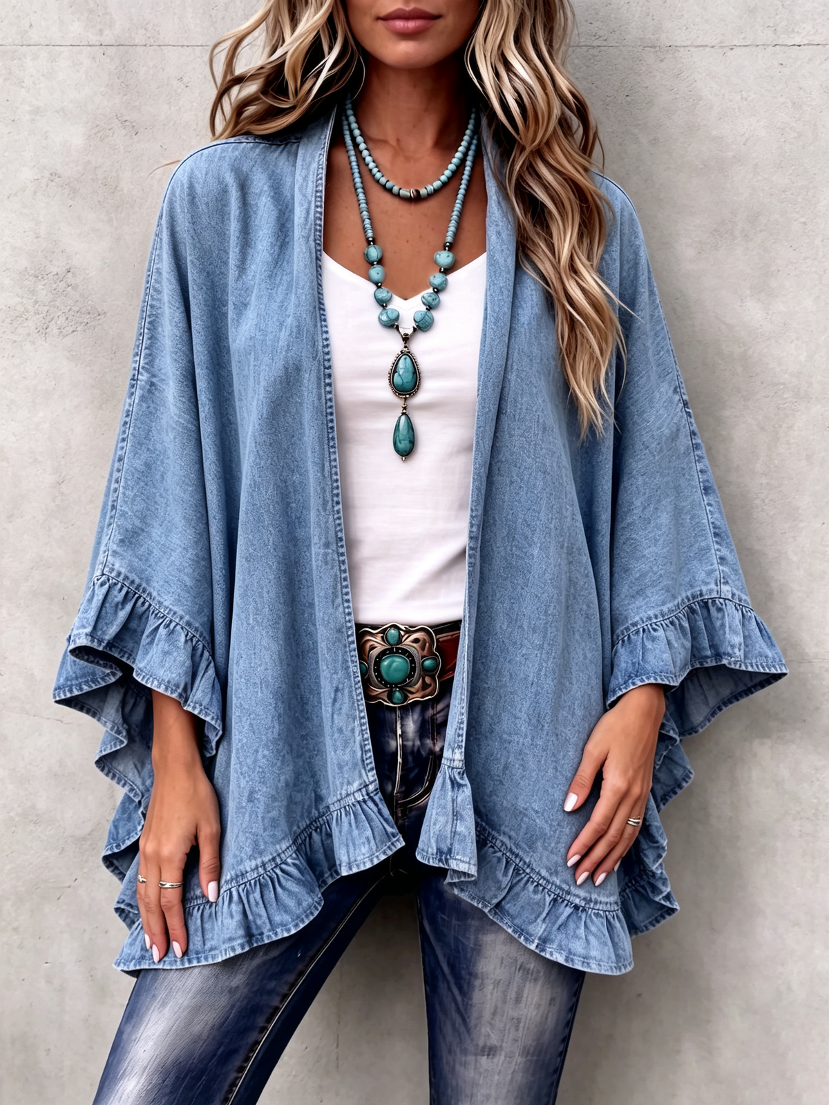 Corinne | Chic Boho Denim Ruffle Trim Cardigan