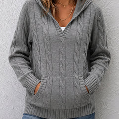 Corabelle cable-knit V-neck hooded sweater in a relaxed fit, shown in neutral tones