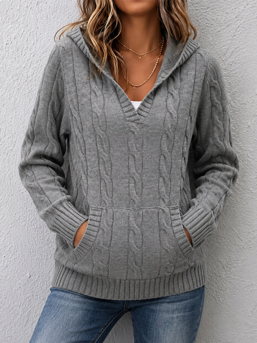 Corabelle cable-knit V-neck hooded sweater in a relaxed fit, shown in neutral tones