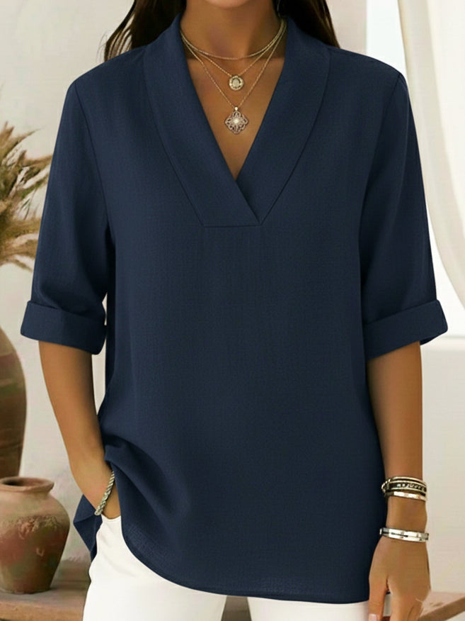 Junipera elegant shawl collar linen short-sleeved shirt in a relaxed fit