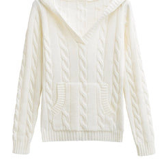 Corabelle cable-knit V-neck hooded sweater in a relaxed fit, shown in neutral tones