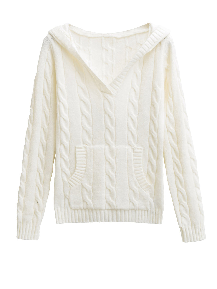Corabelle cable-knit V-neck hooded sweater in a relaxed fit, shown in neutral tones