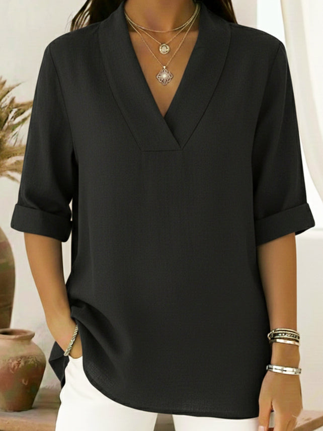 Junipera elegant shawl collar linen short-sleeved shirt in a relaxed fit