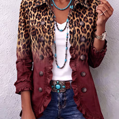 Fitted leopard ombre print blazer jacket with ruffle trim and gently flared hem