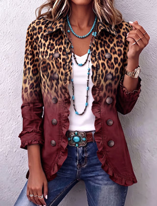 Fitted leopard ombre print blazer jacket with ruffle trim and gently flared hem