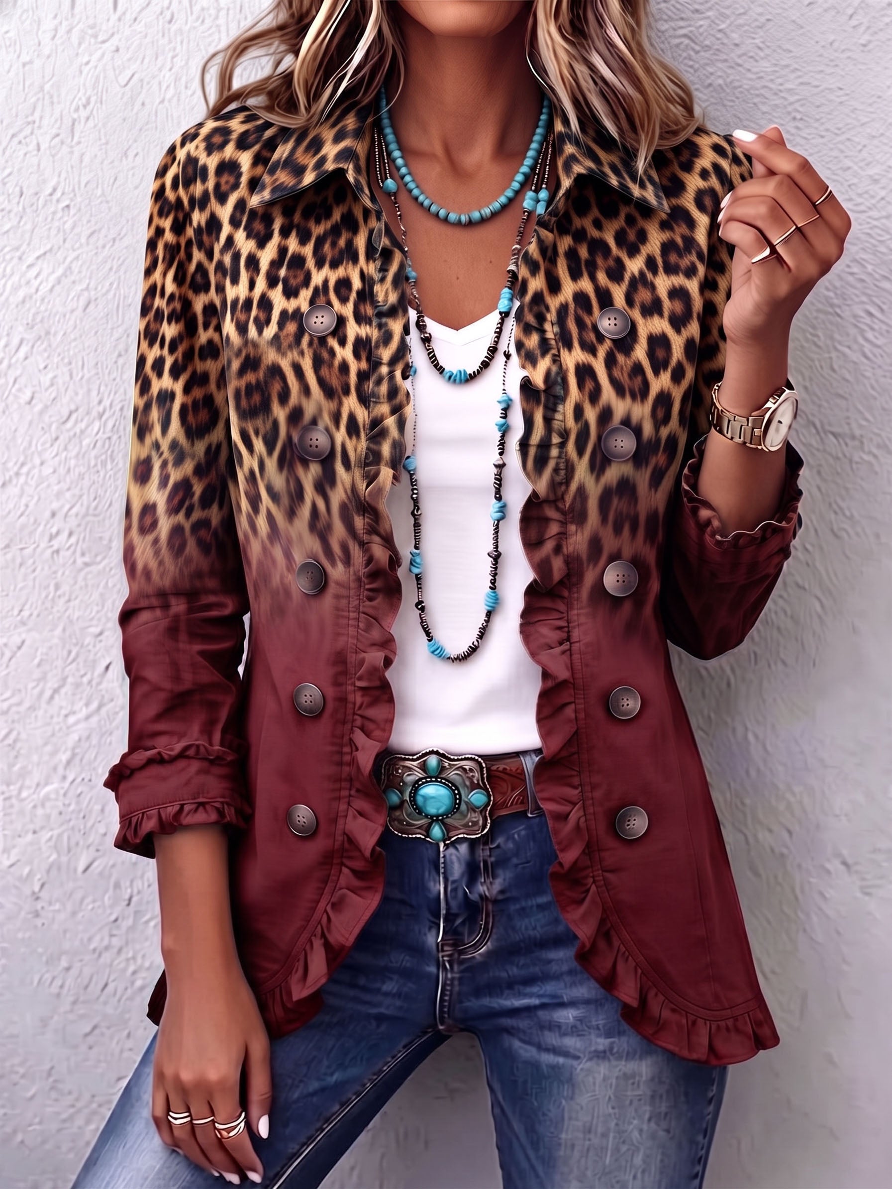 Fitted leopard ombre print blazer jacket with ruffle trim and gently flared hem