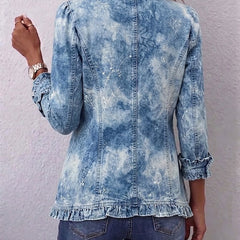 Blue boho botanical print jacket with ruffle-detail hem and hip-length cut