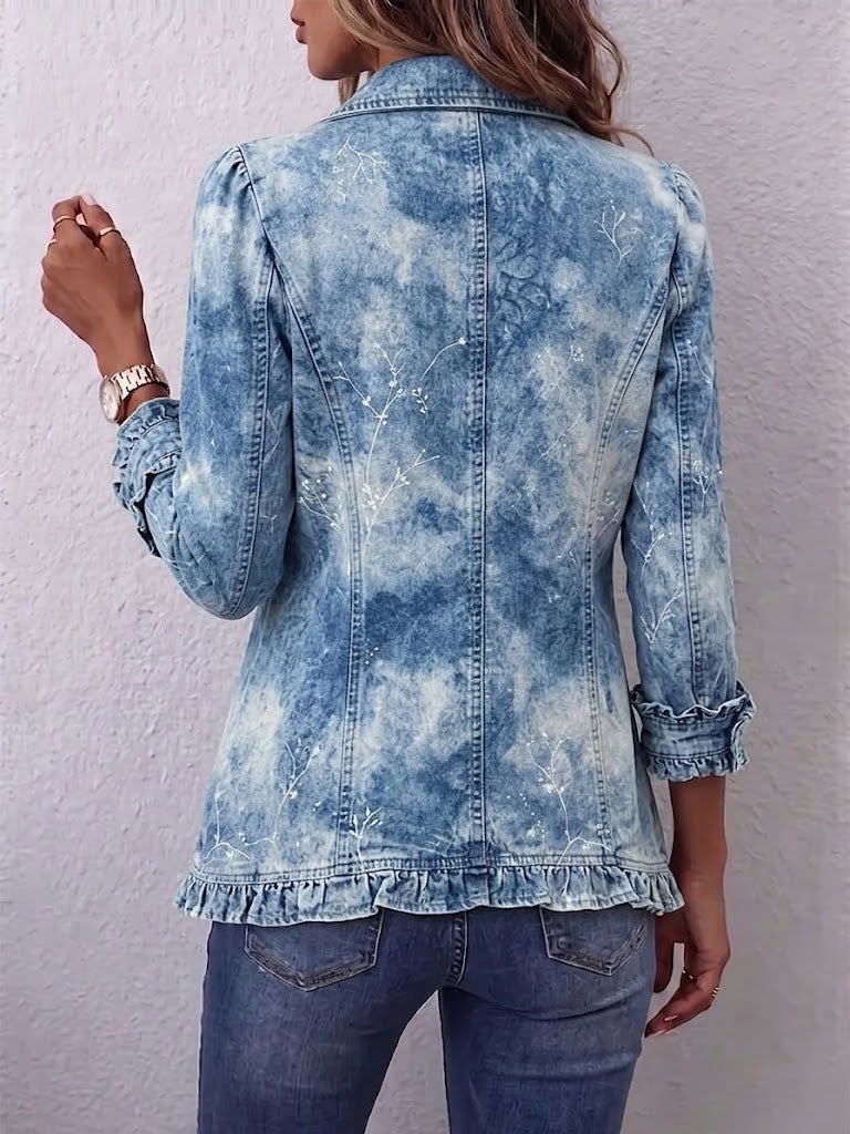 Blue boho botanical print jacket with ruffle-detail hem and hip-length cut