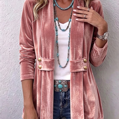 Women's Holliwell vintage lapel open front jacket with button accents and ruched long sleeves