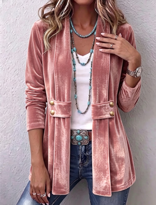 Women's Holliwell vintage lapel open front jacket with button accents and ruched long sleeves