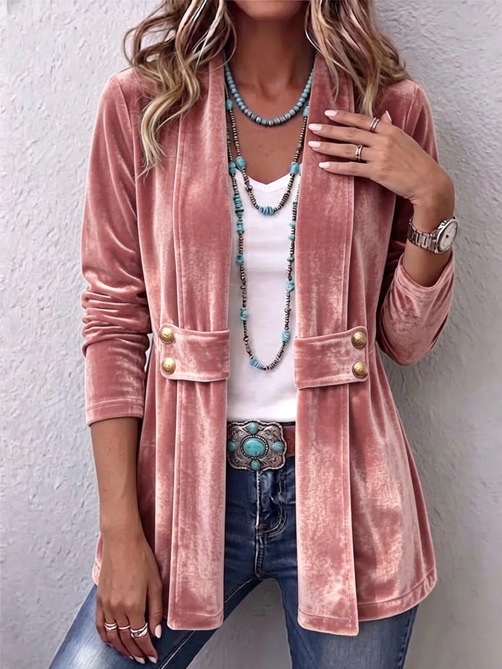 Women's Holliwell vintage lapel open front jacket with button accents and ruched long sleeves