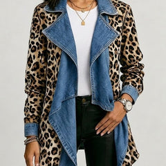 Khaki leopard print jacket with washed denim collar and cuffs, relaxed open-front cut