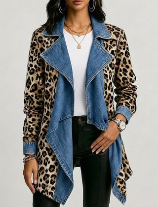 Khaki leopard print jacket with washed denim collar and cuffs, relaxed open-front cut