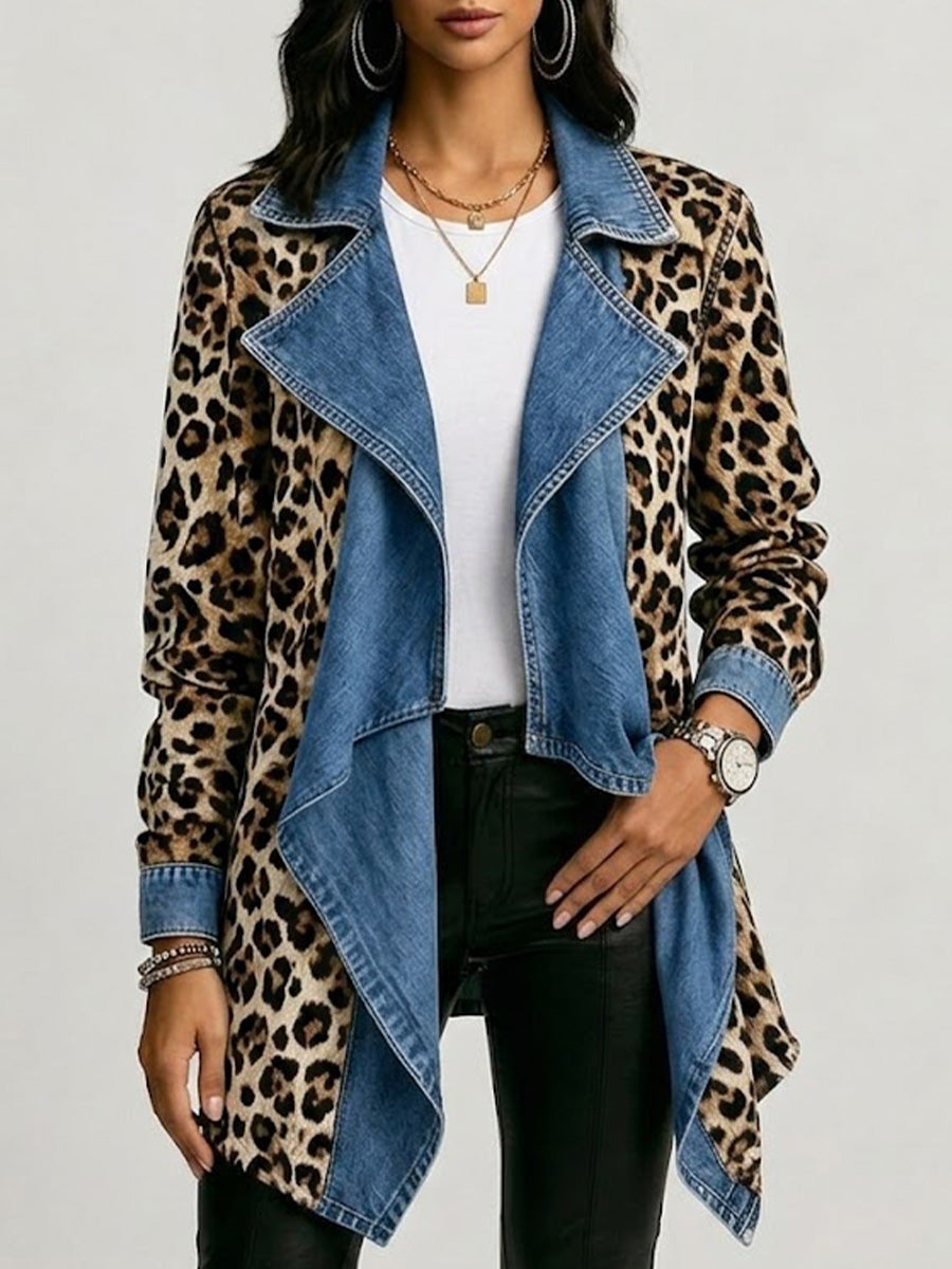 Khaki leopard print jacket with washed denim collar and cuffs, relaxed open-front cut