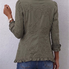 Retro green utility jacket with floral embroidery, ruffled trim and point collar
