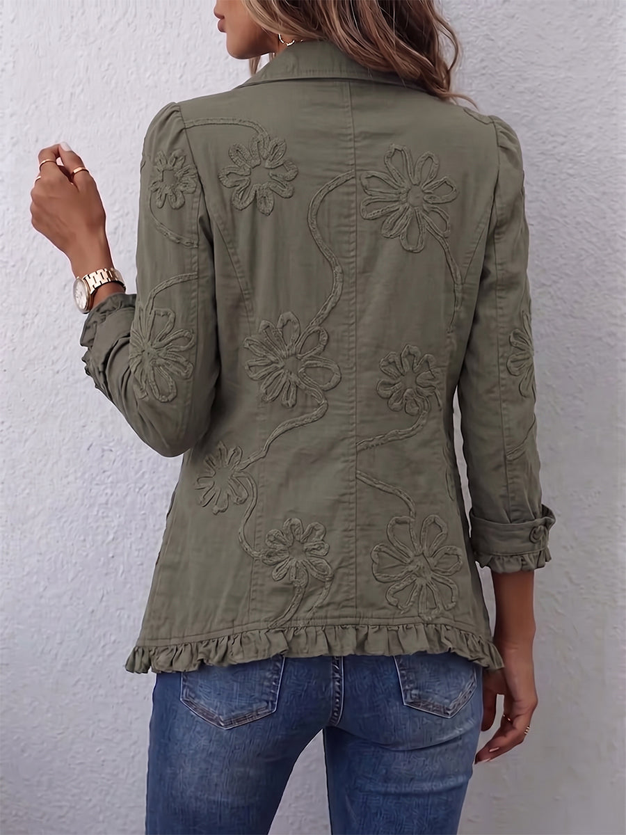Retro green utility jacket with floral embroidery, ruffled trim and point collar