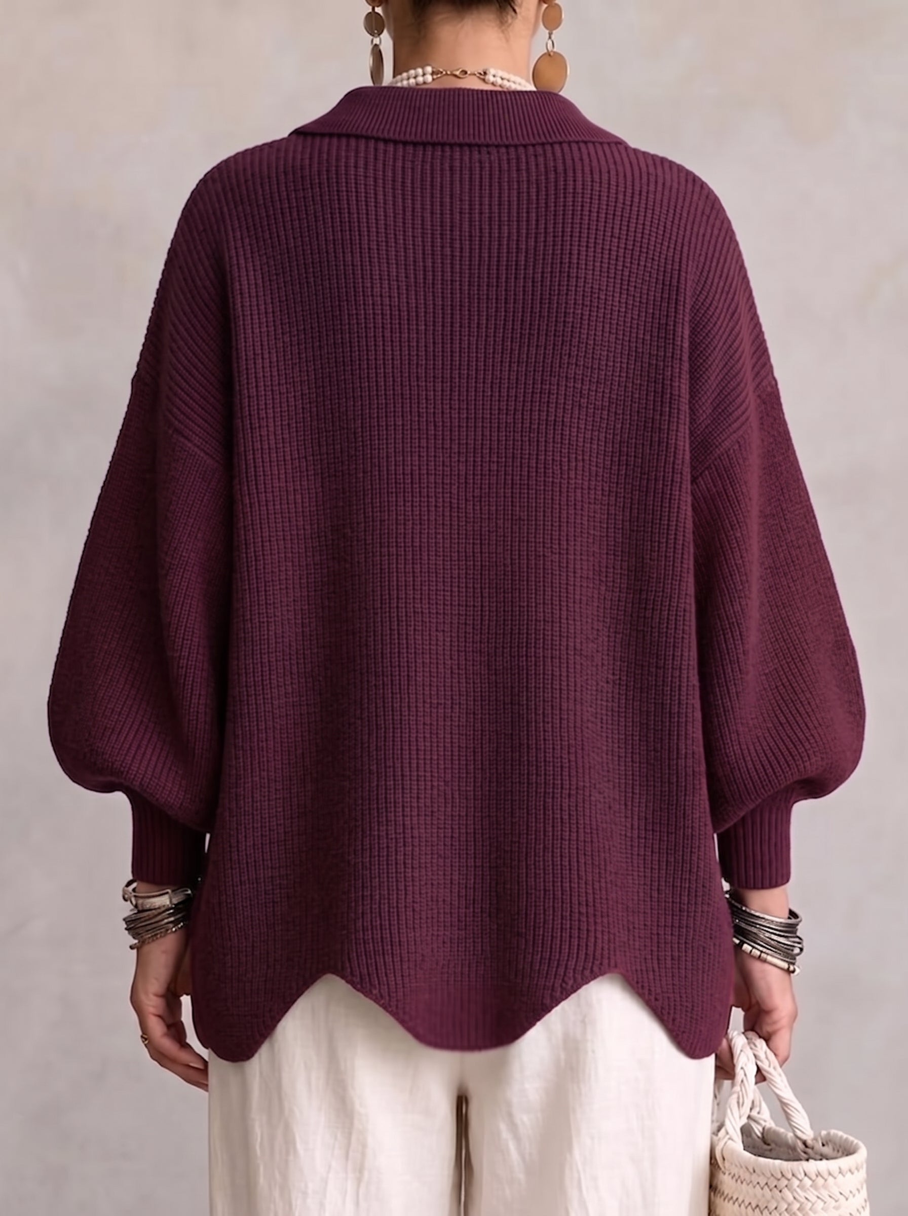 Oversized chunky knit collared cardigan with large gold-tone buttons and lantern sleeves