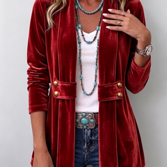 Women's Holliwell vintage lapel open front jacket with button accents and ruched long sleeves