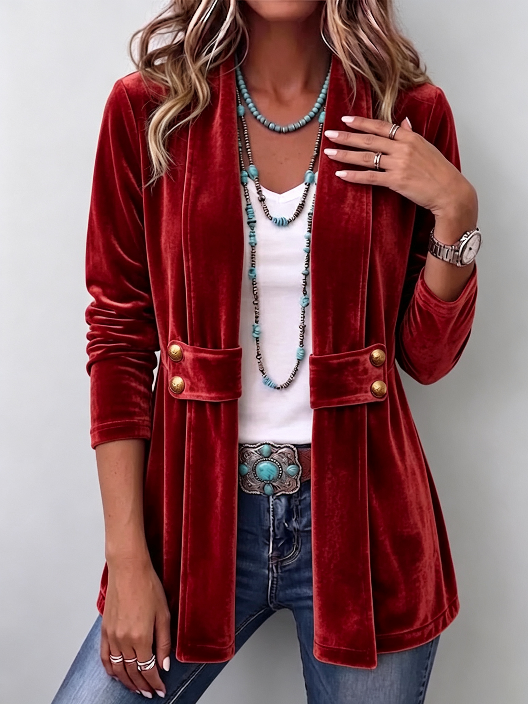 Women's Holliwell vintage lapel open front jacket with button accents and ruched long sleeves