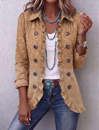 Khaki western print ruffle jacket with double-breasted buttons and ruffle-trimmed collar and hem