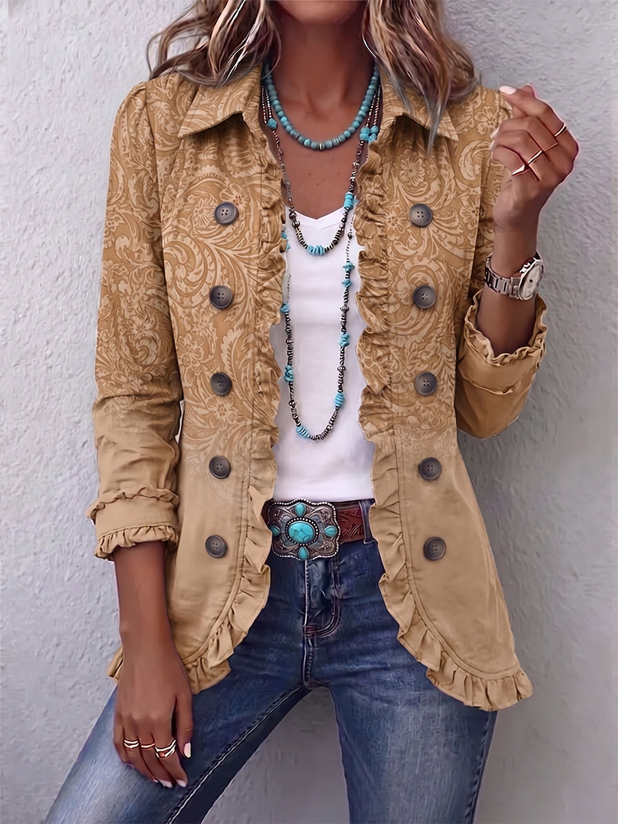 Khaki western print ruffle jacket with double-breasted buttons and ruffle-trimmed collar and hem