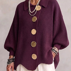 Oversized chunky knit collared cardigan with large gold-tone buttons and lantern sleeves