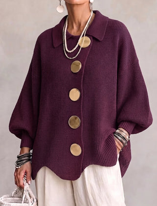 Oversized chunky knit collared cardigan with large gold-tone buttons and lantern sleeves