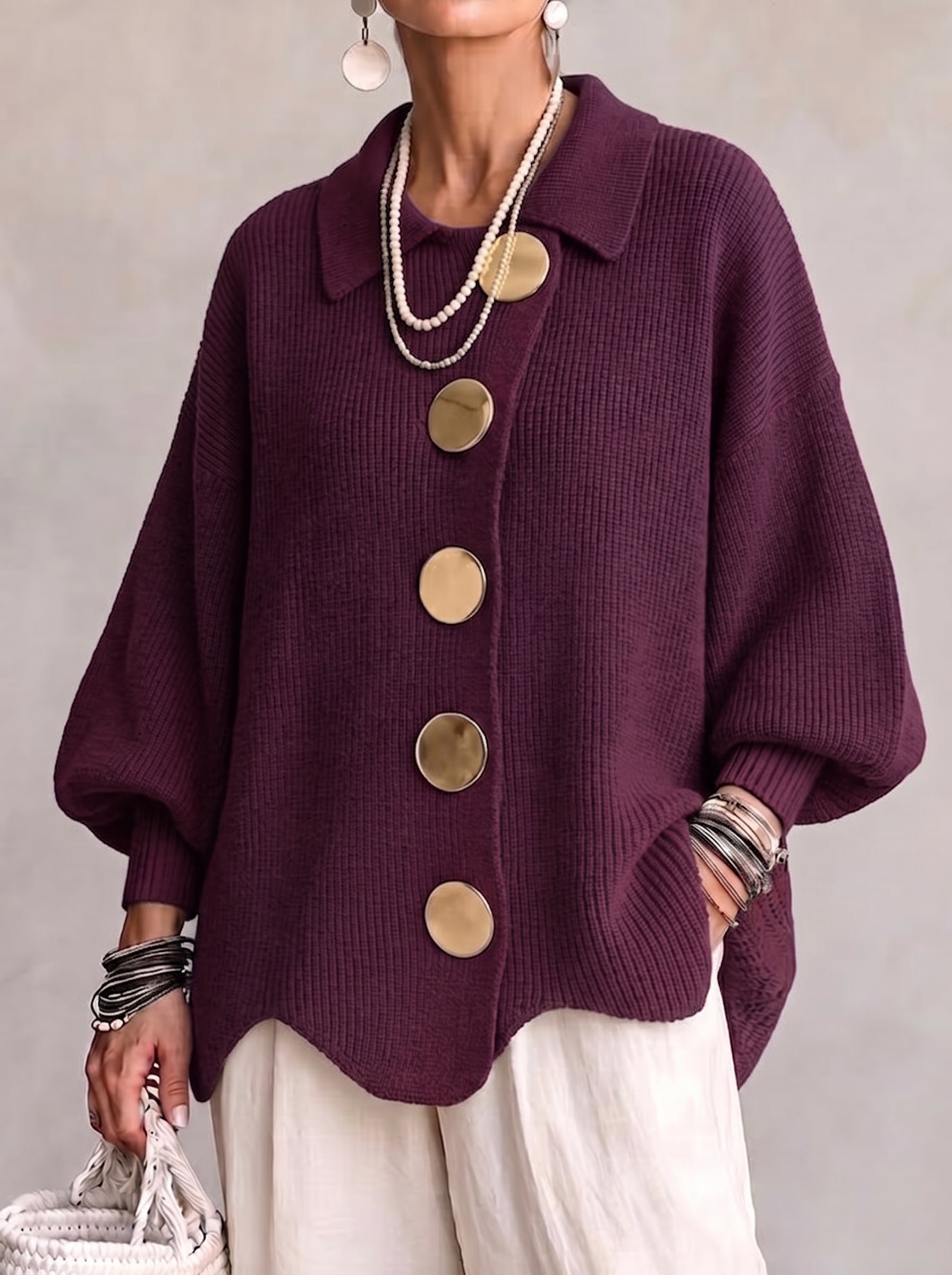 Oversized chunky knit collared cardigan with large gold-tone buttons and lantern sleeves