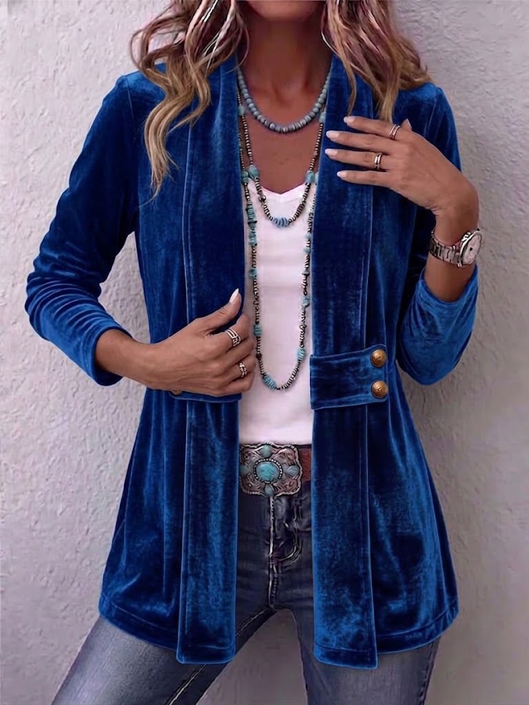Women's Holliwell vintage lapel open front jacket with button accents and ruched long sleeves