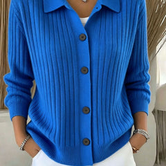 Blue ribbed collared button-down cardigan sweater with a relaxed fit