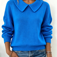 Royal blue knit sweater with Peter Pan collar and ribbed cuffs and hem