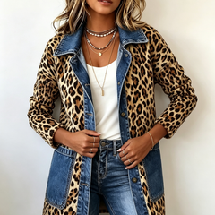 Leopard print longline jacket with blue denim panel detailing and relaxed fit