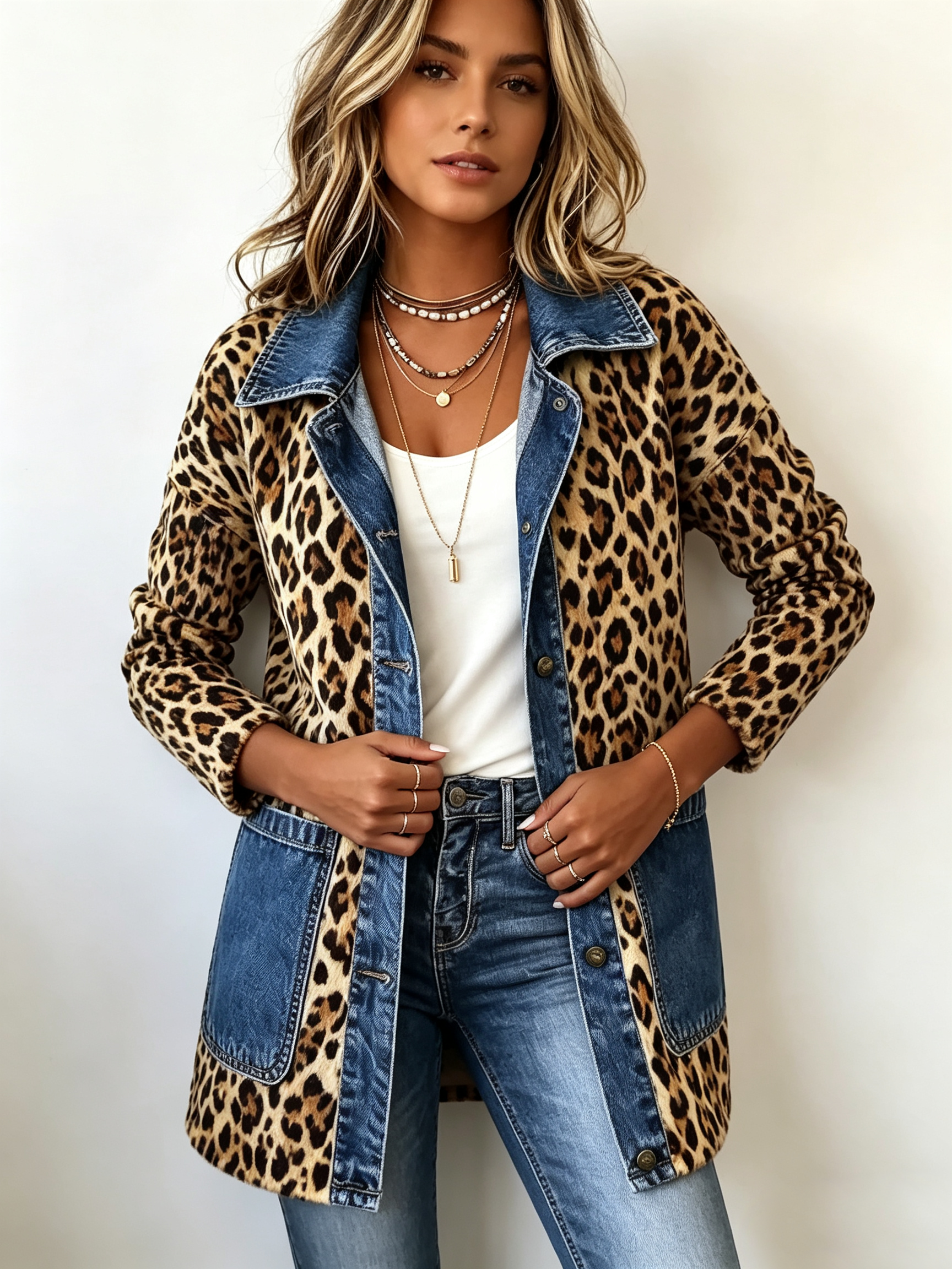 Leopard print longline jacket with blue denim panel detailing and relaxed fit