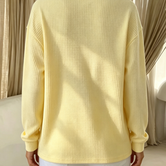 Idalia soft waffle-knit polo top with ribbed neckline, cuffs and hem in yellow and blue