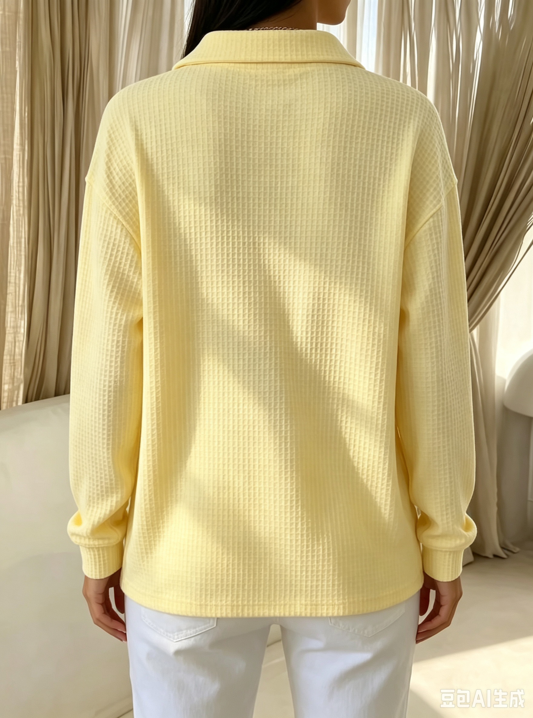 Idalia soft waffle-knit polo top with ribbed neckline, cuffs and hem in yellow and blue
