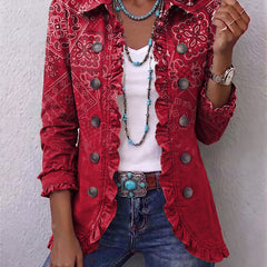 Red bohemian paisley ombré print ruffled jacket with lapel collar and double-breasted buttons