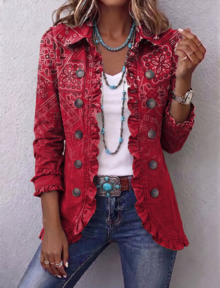 Red bohemian paisley ombré print ruffled jacket with lapel collar and double-breasted buttons