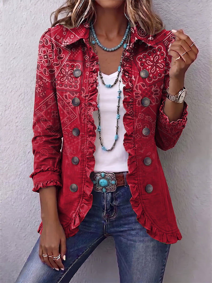 Red bohemian paisley ombré print ruffled jacket with lapel collar and double-breasted buttons