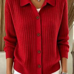 Blue ribbed collared button-down cardigan sweater with a relaxed fit