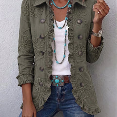 Retro green utility jacket with floral embroidery, ruffled trim and point collar