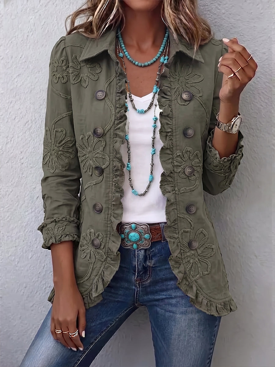 Retro green utility jacket with floral embroidery, ruffled trim and point collar