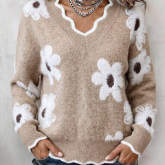 Floral knit sweater with scalloped V-neckline and relaxed fit in five colourways